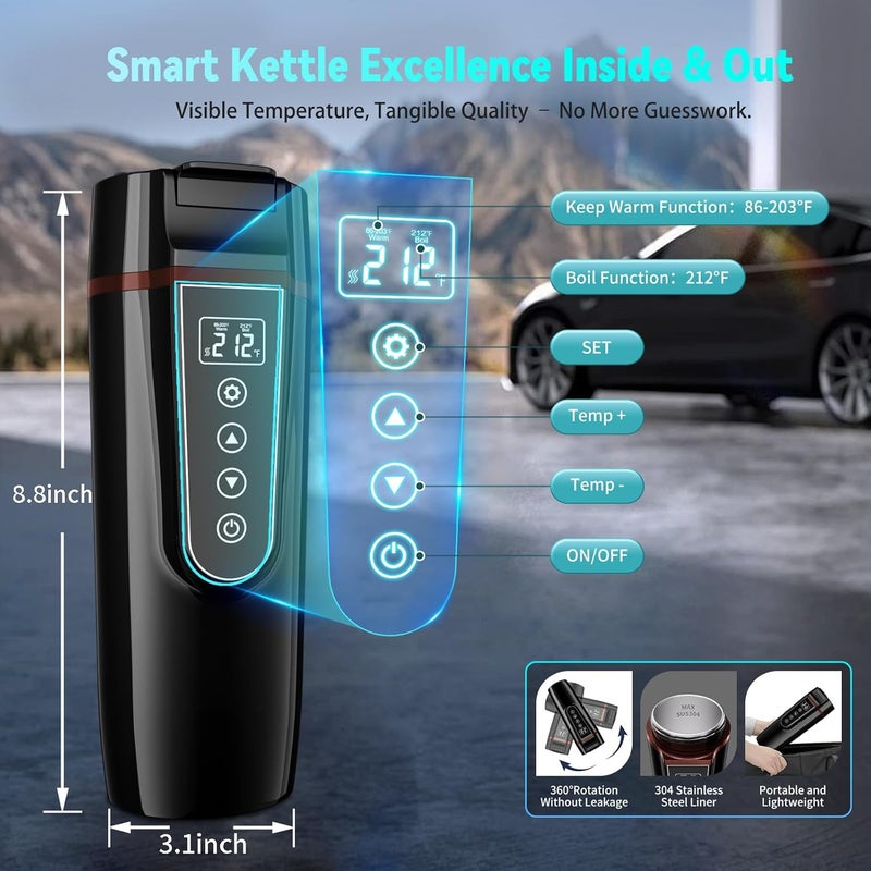 FVPE Car Electric Kettle for Travel : 12V/24V Small Electric Water Kettle, Multi-Temp Control 400 mL Portable Car Water Boiler for Brewing Coffee Tea,LCD Display 304 Stainless Steel Truck Heating Cup - Image 4